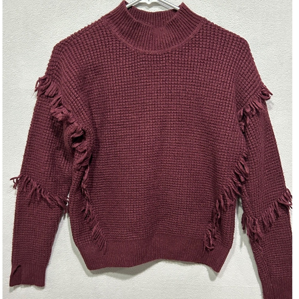 Michael Kors Fringe Mock Neck Sweater Womens Small Burgundy Knit Long Sleeve